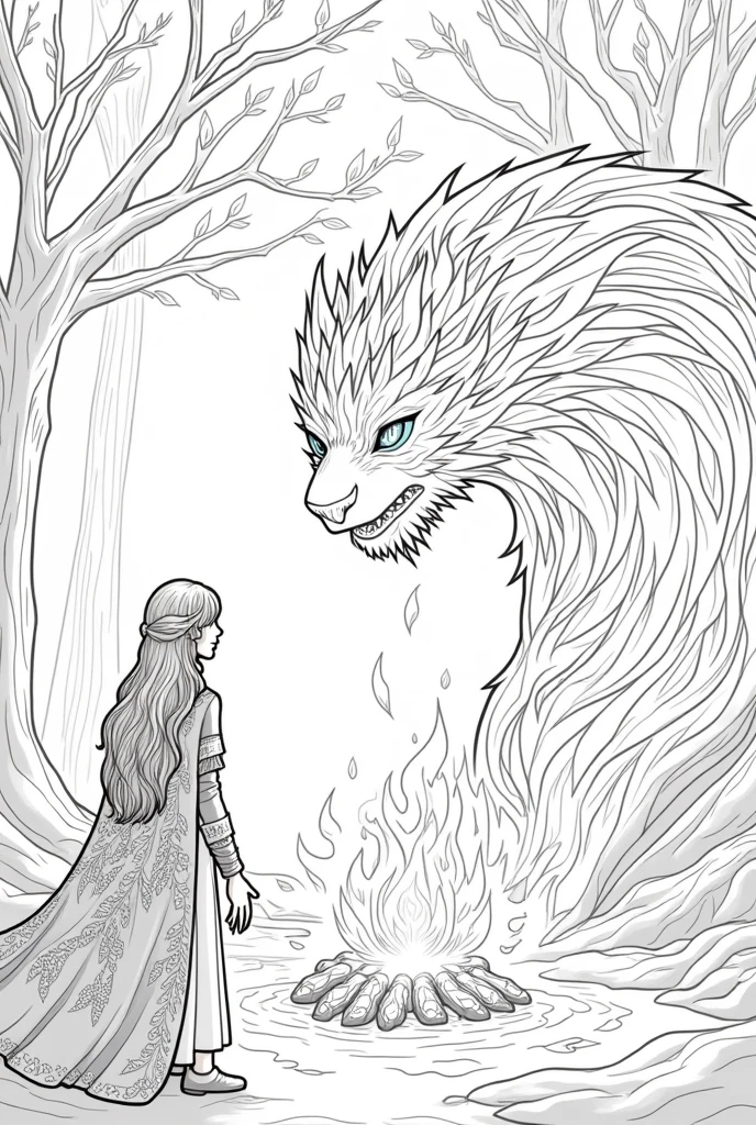 A black-and-white line drawing designed for children to color, depicting Verelia standing before Ignis, the guardian of the flames, in a magical part of the forest. Verelia, with her long, leaf-like hair and flowing cloak made of delicate foliage, is shown facing Ignis, who is depicted as a majestic figure made of swirling fire and glowing embers. The background includes trees with golden, shimmering leaves and a central fire that dances with intricate, defined lines. The scene should have clear, defined outlines with no shading, capturing the dynamic and warm essence of Ignis while maintaining simplicity for easy coloring. The atmosphere should convey a sense of warmth, strength, and magical energy.