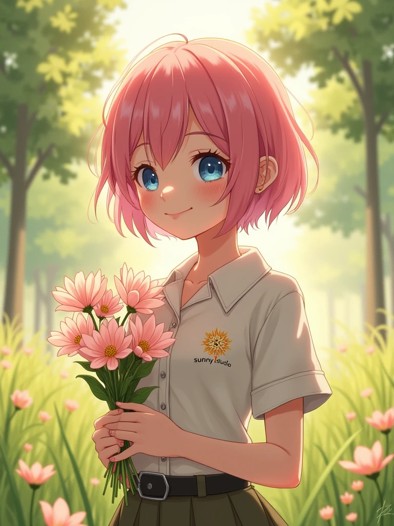 A 23 Year old female character, wearing a casual expensive shirt written sunny1studio, short pink hair, afternoon vision, blue eyes, fantasy, pretty face, cute face reaction, pretty shirt, holding pink pastel flowers