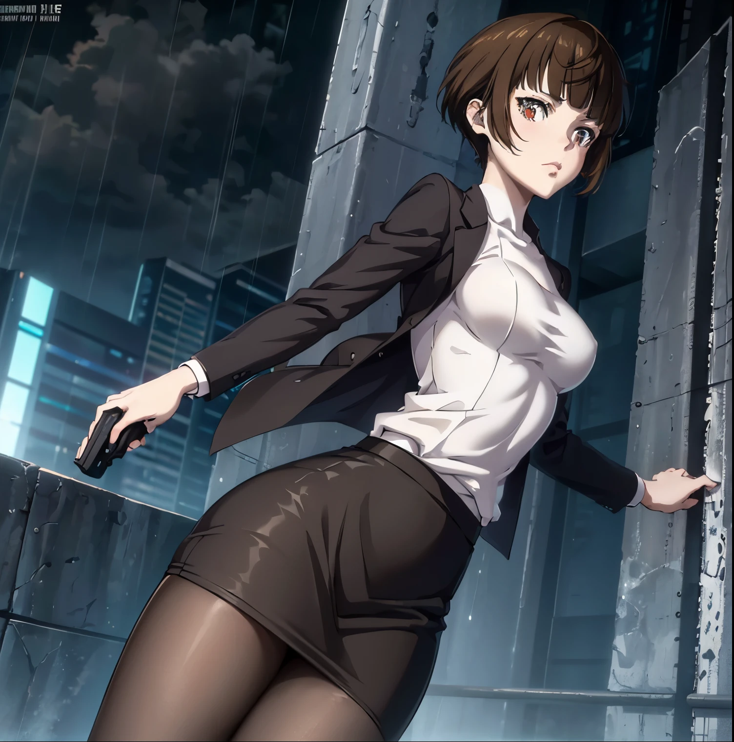 ((1girl)),((alone)),tsunemori akane, (psycho pass),(masterpiece), (best quality), (ultra detailed), (best illustration), (best shadow), (absurdities), focus sharp, cowboy shot, atmospheric perspective, depth of field, dynamic posture looking at viewer, medium breasts, narrow waist, wide hips, wide thighs, round butt, erotic, romantic, (highly detailed eyes, 1.1 lips), highly detailed eyes , eyes, Very detailed face, Very beautiful face, Symmetrical face, Aesthetic face, perfect face, perfect eyes, detailed eyelashes: 1.5), full height, beautiful slim figure, femininity, expressive appearance, elastic medium breasts, sexuality, half-open lips, brown hair, short hair, brown eyes, white skin, pencil skirt, skirt tight, white shirt, dress shirt, tight shirt, black jacket, open jacket, tight jacket, black pantyhose, black skirt, serious, walking, gun, holding gun, curves, defined body, Perfect and beautiful body, perfect and beautiful, closed mouth, serious expression, neutral grimace, (sexy pose: 1.2), ((solo)), standing: 1.3,((exterior, cybeppunk landscape, neon lights, cityscape, futuristic streets, futuristic city, light reflection, clouds ,rainy,night,city lights)),looking back,from behind,((focus on butt)), point of view:(from below), perfect anatomy, perfect hands