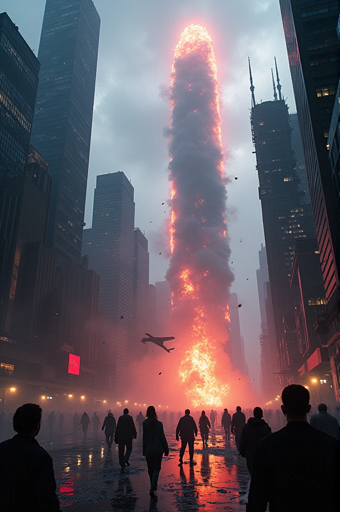 A city being completely destroyed by laser beams falling from the sky