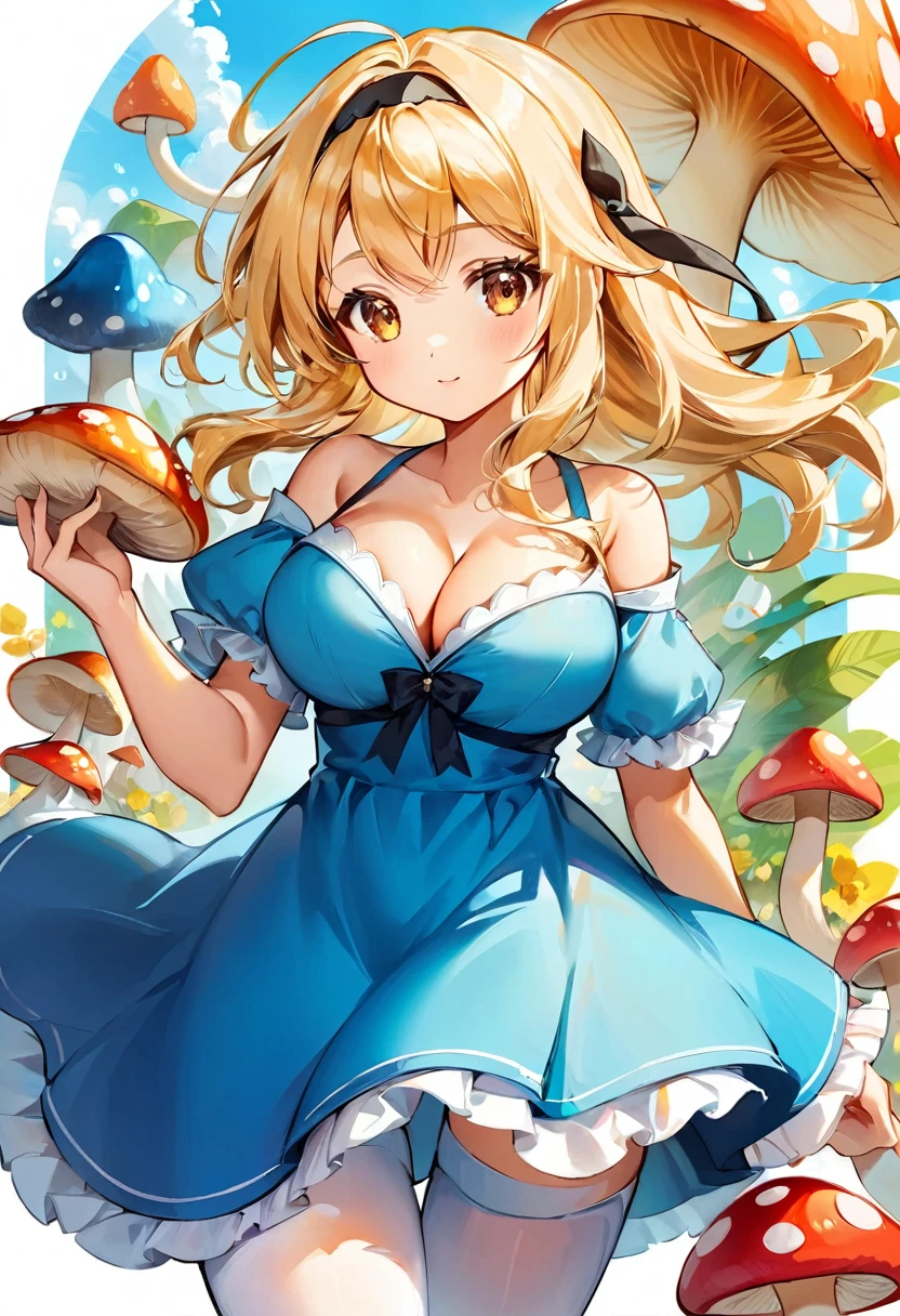 a beautiful 20 year old blonde Kate Bloom with big messy hair in a blue dress, white stockings, black headband, cleavage, holding a glowing mushroom, fantasy art style, rossdraws cartoon vibrant, cute detailed digital art, colorfull digital fantasy art, digital fantasy art ), glossy digital painting, rossdraws pastel vibrant, rossdraws 2. 5, rossdraws 1. 0