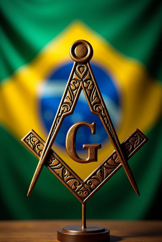 I need an image that contains the symbol of Freemasonry (with the G) right in front and the Brazilian flag in the background 