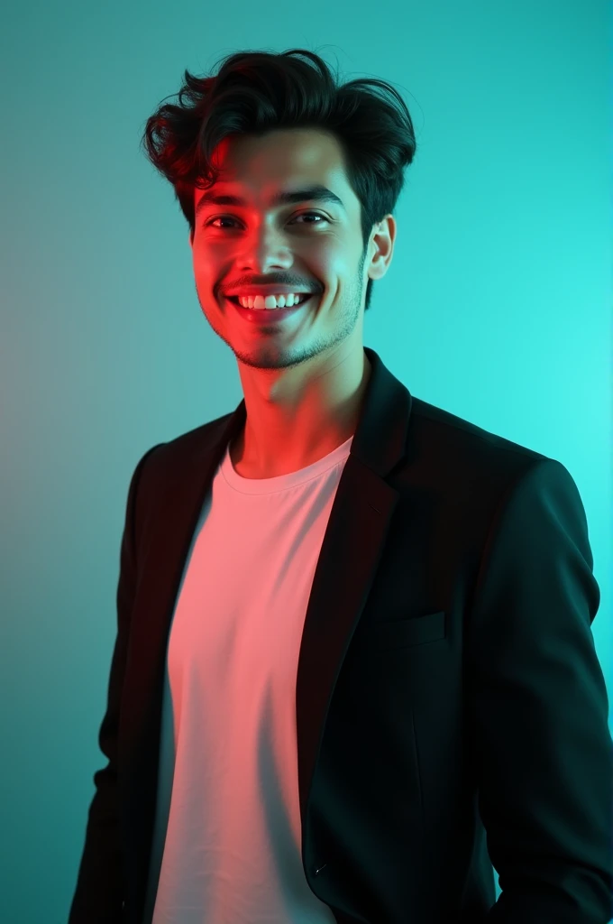 A young man with dark hair and a confident smile. He is dressed in a black blazer over a white shirt. The man is positioned against aqua colour backdrop with a subtle red lighting on the left side. and he posing for Linkedin profile