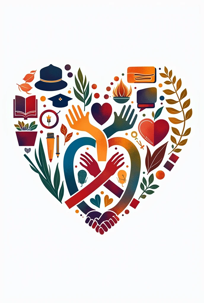 Create a heart with images related to health, education and support with transparent background
