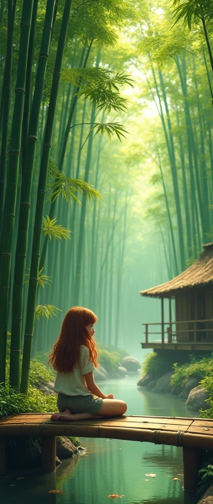 1girl, bamboo forest, bamboo hut, bamboo bridge, detailed bamboo textures, serene landscape, warm lighting, natural colors, (best quality,4k,8k,highres,masterpiece:1.2),ultra-detailed,(realistic,photorealistic,photo-realistic:1.37),intricate details,lush vegetation,atmospheric fog,soft shadows,vibrant colors,natural lighting,peaceful mood