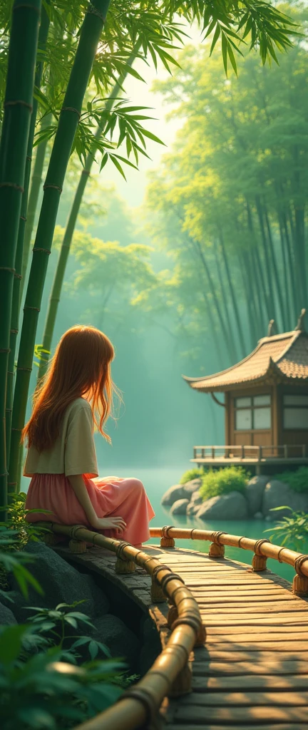 1girl, bamboo forest, bamboo hut, bamboo bridge, detailed bamboo textures, serene landscape, warm lighting, natural colors, (best quality,4k,8k,highres,masterpiece:1.2),ultra-detailed,(realistic,photorealistic,photo-realistic:1.37),intricate details,lush vegetation,atmospheric fog,soft shadows,vibrant colors,natural lighting,peaceful mood