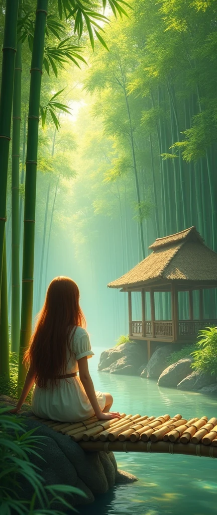 1girl, bamboo forest, bamboo hut, bamboo bridge, detailed bamboo textures, serene landscape, warm lighting, natural colors, (best quality,4k,8k,highres,masterpiece:1.2),ultra-detailed,(realistic,photorealistic,photo-realistic:1.37),intricate details,lush vegetation,atmospheric fog,soft shadows,vibrant colors,natural lighting,peaceful mood