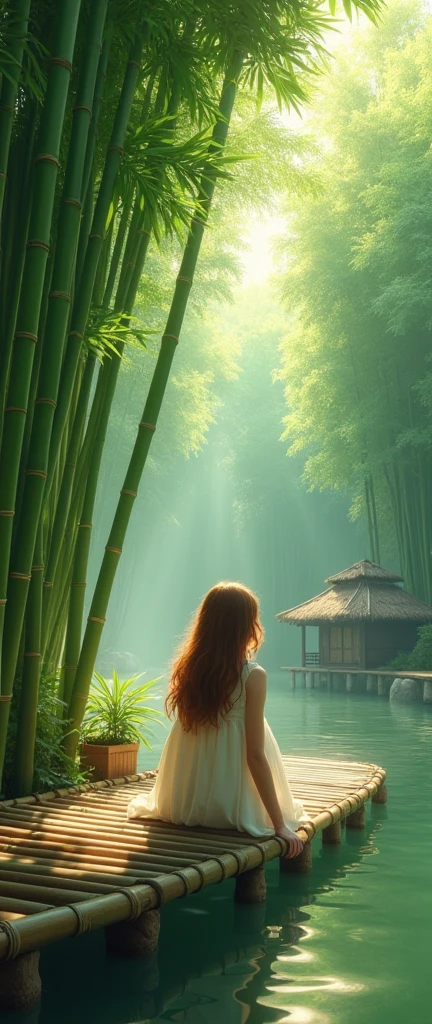 1girl, bamboo forest, bamboo hut, bamboo bridge, detailed bamboo textures, serene landscape, warm lighting, natural colors, (best quality,4k,8k,highres,masterpiece:1.2),ultra-detailed,(realistic,photorealistic,photo-realistic:1.37),intricate details,lush vegetation,atmospheric fog,soft shadows,vibrant colors,natural lighting,peaceful mood