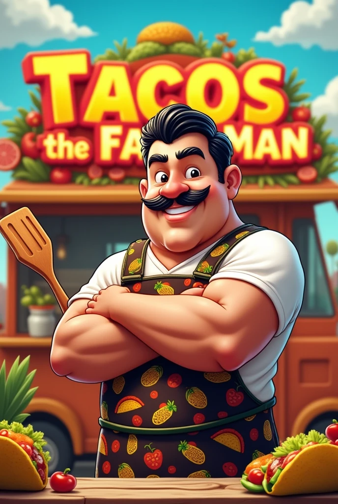 robust man logo, light-skinned and black-haired dressed as a taco maker with a sign that says "Tacos the Fat Man"