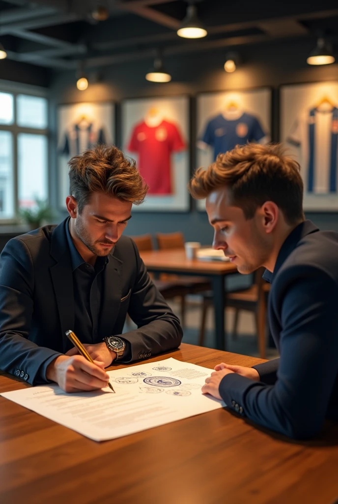 Take two football managers who are looking at a contract, thinking about your future, This contract has a German stamp, england,Italy and Netherlands, are two young leaders