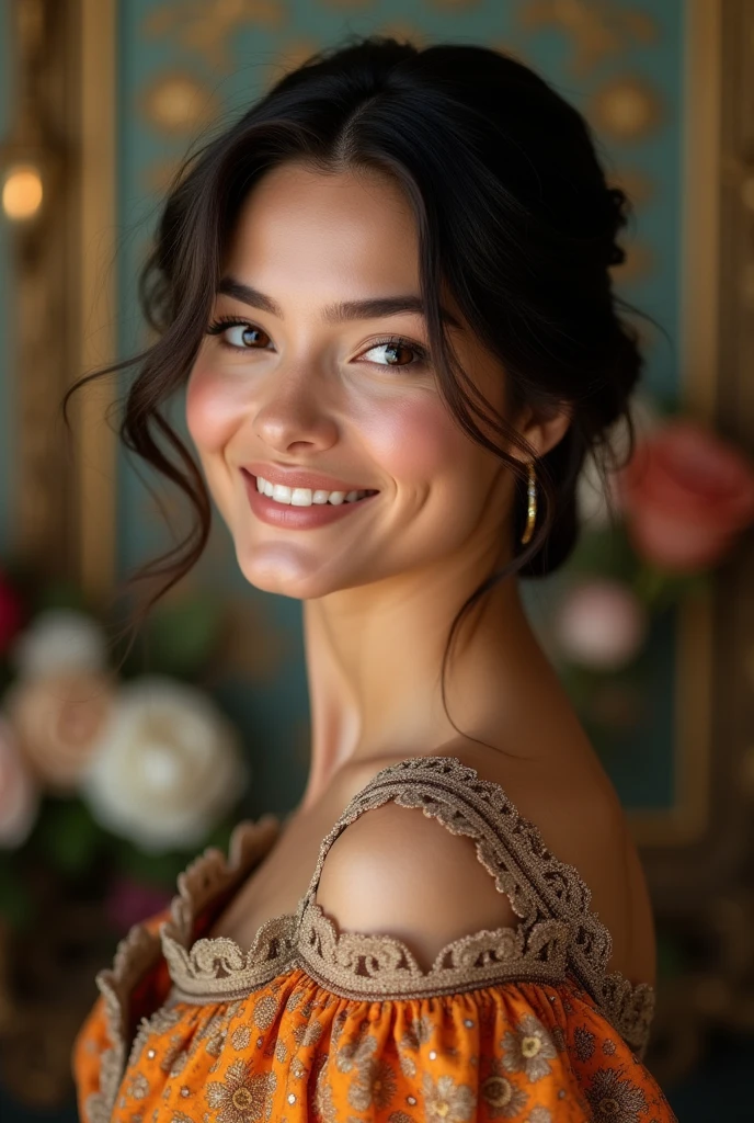 Close up high resolution photograph of Beautiful latina woman perfect body short brunette hair, beautiful smile, dressed in elegant victorian era 19th century American colorful conservative formal dress, beautiful studio lighting,  beautiful background 