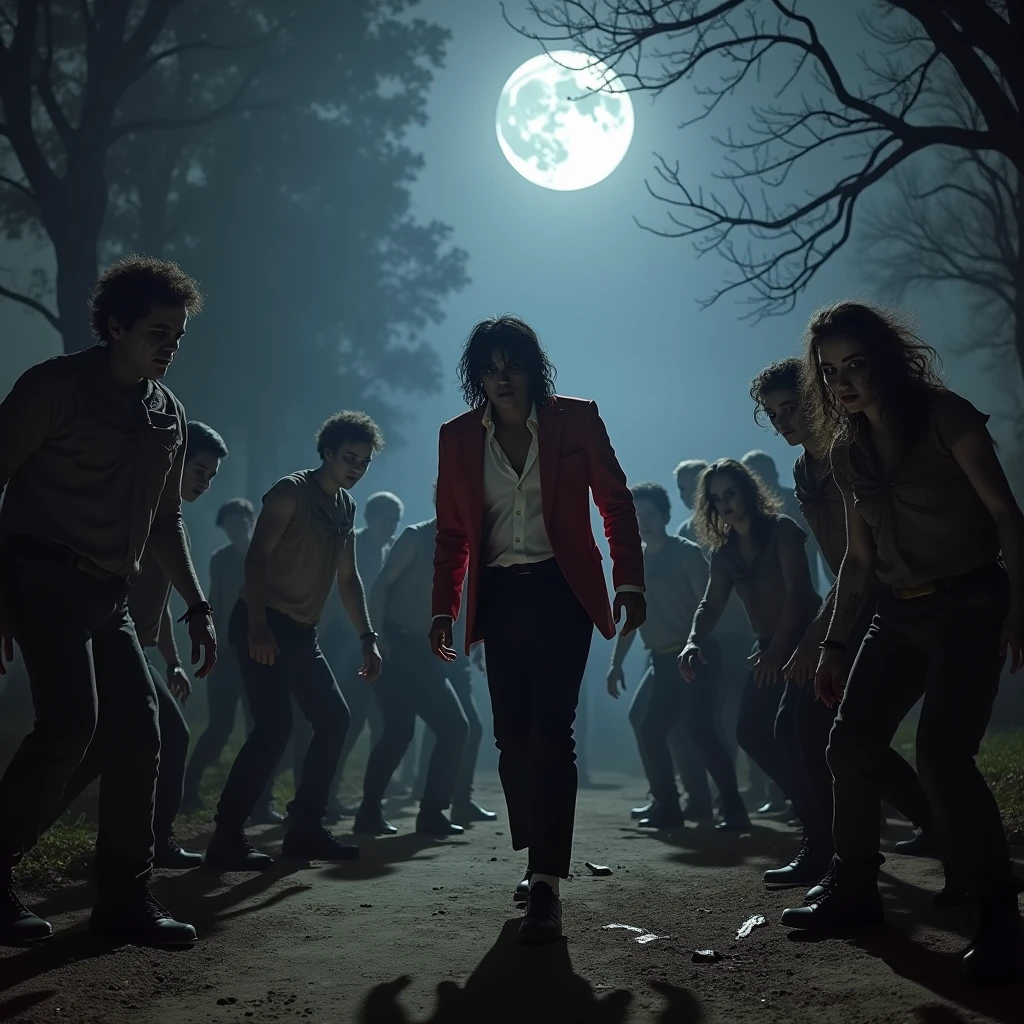 A thrilling scene from the iconic "Thriller" video, featuring Michael Jackson in his signature moonwalk, dancing in perfect harmony with a chilling ensemble of Walkin Dead characters. The undead, clad in tattered clothing and pale makeup, follow Michael's every move, creating a hauntingly captivating tableau against a moonlit graveyard backdrop. The atmosphere is tense yet electrifying, with the iconic music playing in the background, setting the stage for an unforgettable performance.