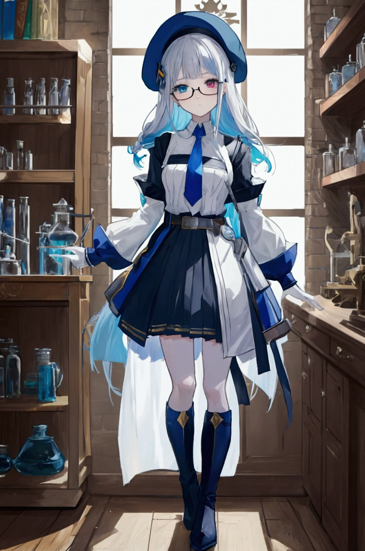 Artwork, best qualityer, 2d anime style, White girl, short stature, bangss, long hair, some braided strands, Dark Blue Hair, pale, heterochromia, vibrant blue left eye, yellow right eye, white glasses, beret, black dress covered, black tights, blue details, necktie, longsleeve, whitegloves, waist belt, apathetic expression, medieval theme, RPG, alchemy laboratory background with chemistry glassware, book shelf, mechanical arm with silver details . fully body, conceptual artwork, large white boots.
