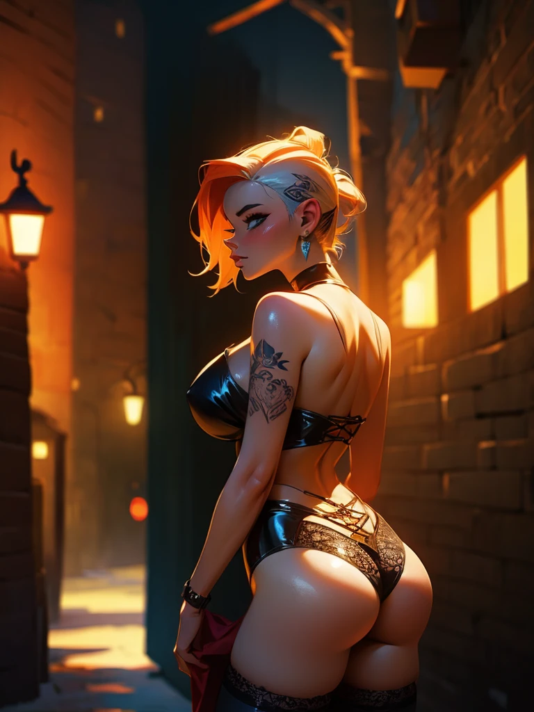 alley at night, beautiful busty prostitute tattoo torn fishnet stockings, view from behind