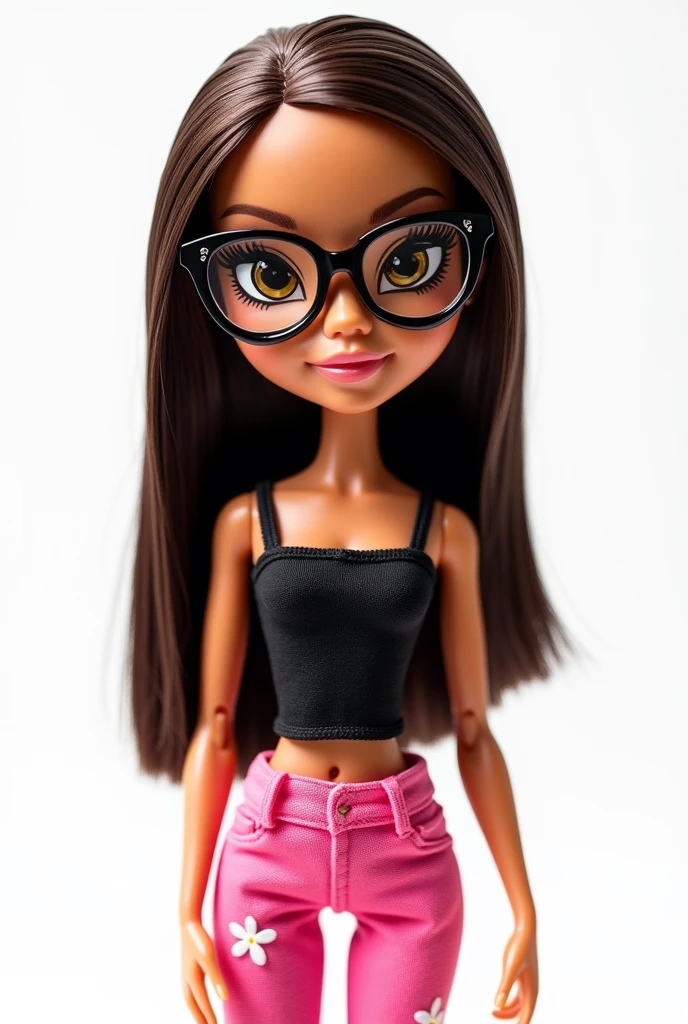 Could you make me a picture of a bratz doll?, They have big heads and beautiful eyes bratz, It's from a fat doll, white but warm skin color, yellow skin tones, straight dark brown hair, hair loose behind the ears, with clear lenses and black frame, Pink pants with white flowers and a black top with thin black straps. Posing very bratz style. WITH WHITE BACKGROUND