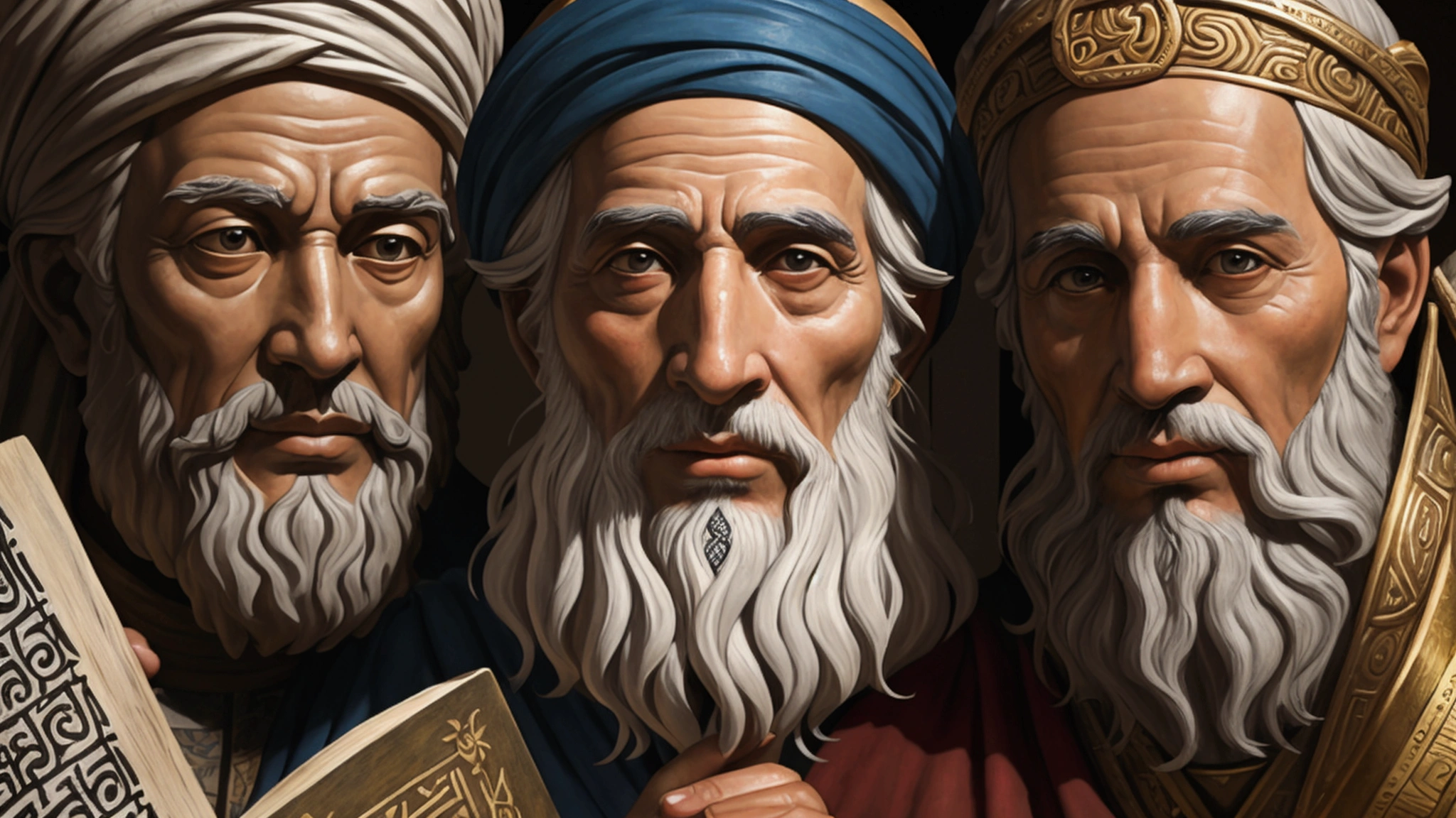 "Description: Depict the biases and perspectives of biblical authors and how they influence the writings.
Details: Illustrate a scene with biblical authors writing or discussing their texts, with visible elements representing their cultural, religious, and personal biases. Include symbols like scrolls with varied text styles or illustrations showing different cultural settings (e.g., a Jewish scribe, a Roman historian). Around them, depict thought bubbles or background elements that highlight their perspectives and biases. Use contrasting colors or visual effects to distinguish between the authors’ viewpoints and the texts they produced. The aim is to show that the Bible reflects a spectrum of viewpoints shaped by its authors' contexts."