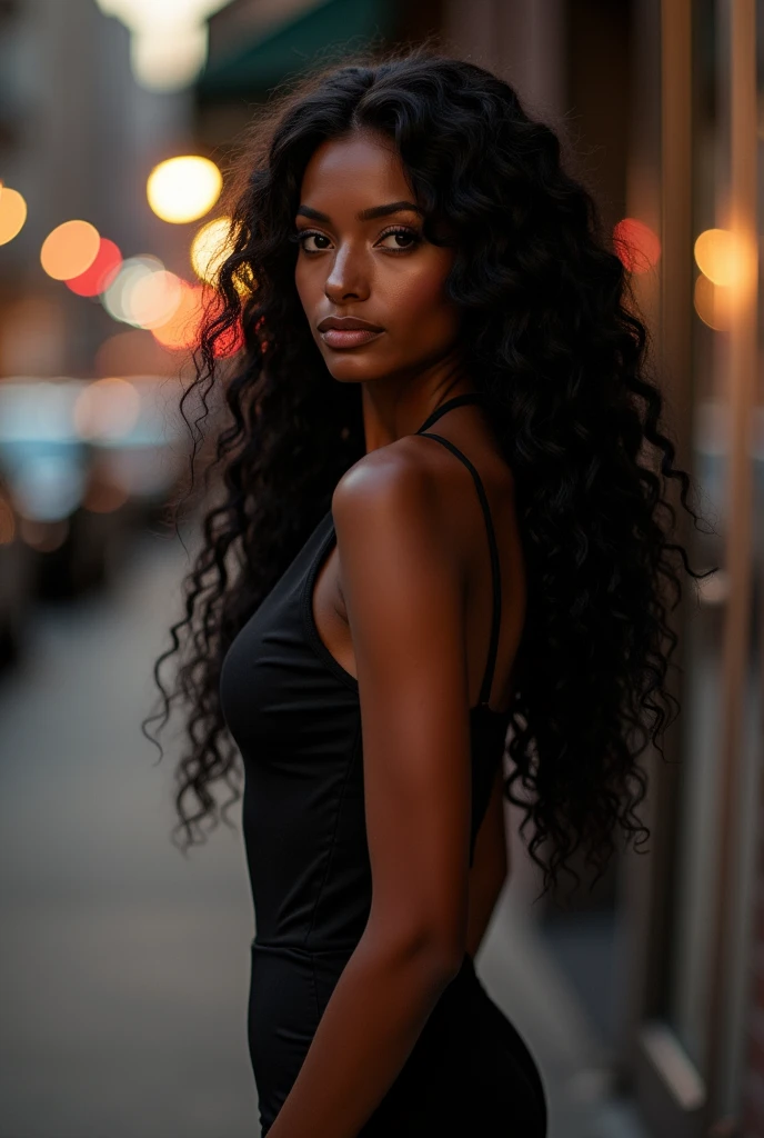Make a dark skinned woman with black hair, long and curly, black eyes and an absolutely stunning body with hyper realistic big boobs
