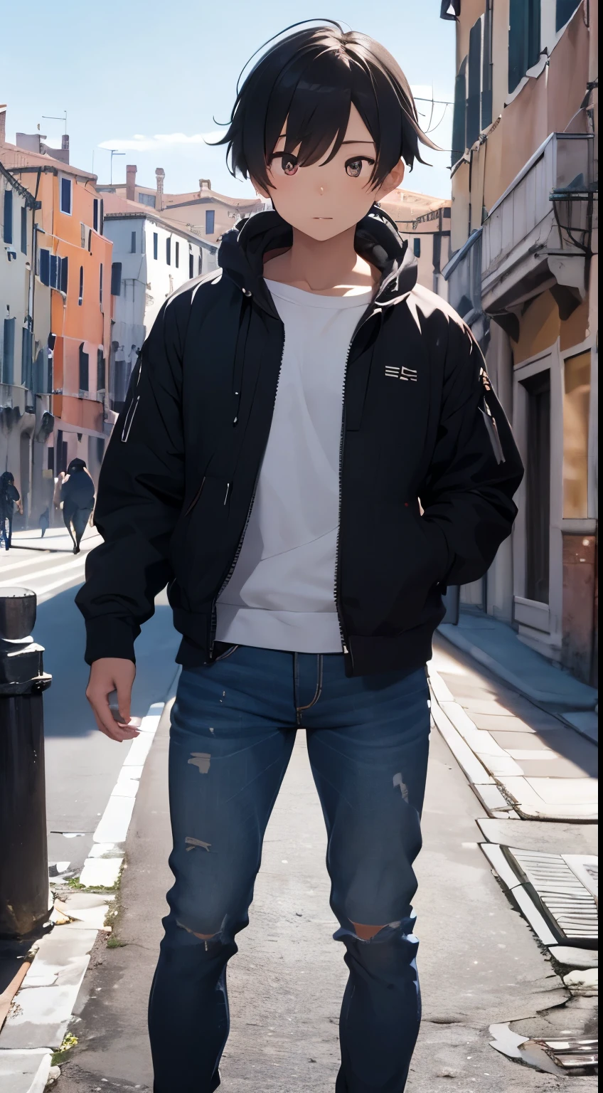 ２０Male in his 20s、Full body portrait、Focus on the face、Kamimei、Beggar、Third Person View、Venice background、Highest quality、Delicate、detailed、masterpiece、Real Stick、3D Background、A deep background、Realistically exaggerating changes in material texture、Exaggerated gloss、Transcendental technique at its finest