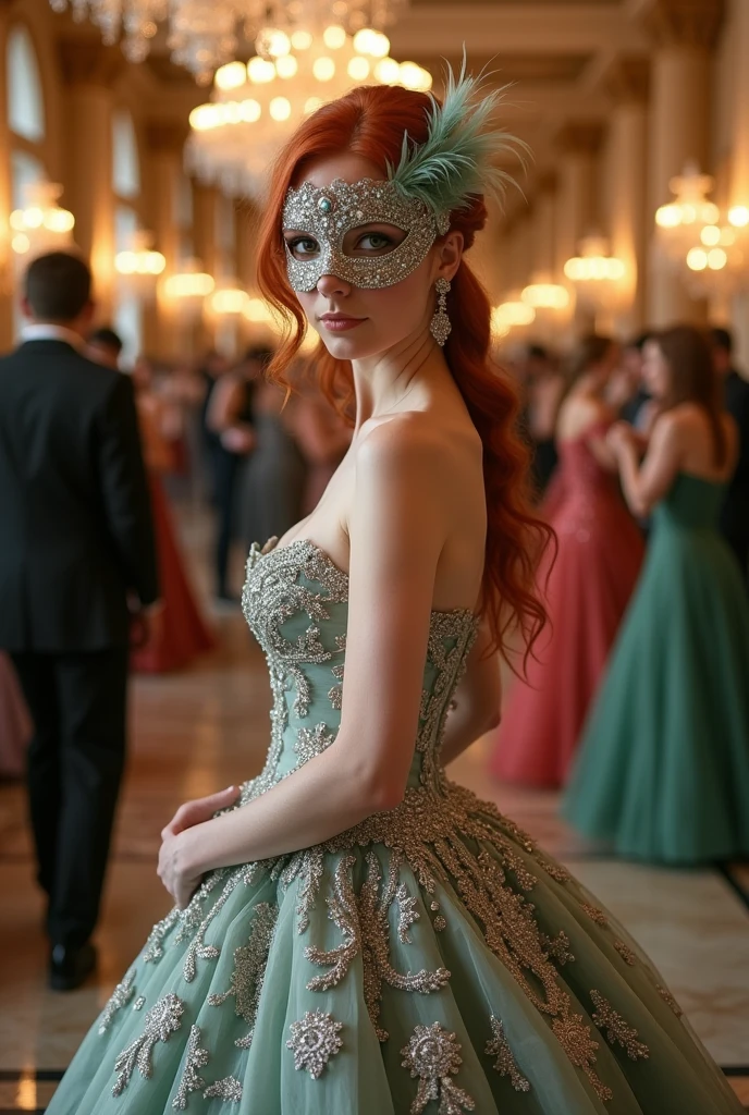 photograph, young woman, beautiful red hair, blue eyes, freckles, smiling, she is wearing a white Victorian dress and a mask similar to the Venice carnival, she is parading in a modeling event, she is walking with the suit and the mask, posing for the people sitting around and for the camera.