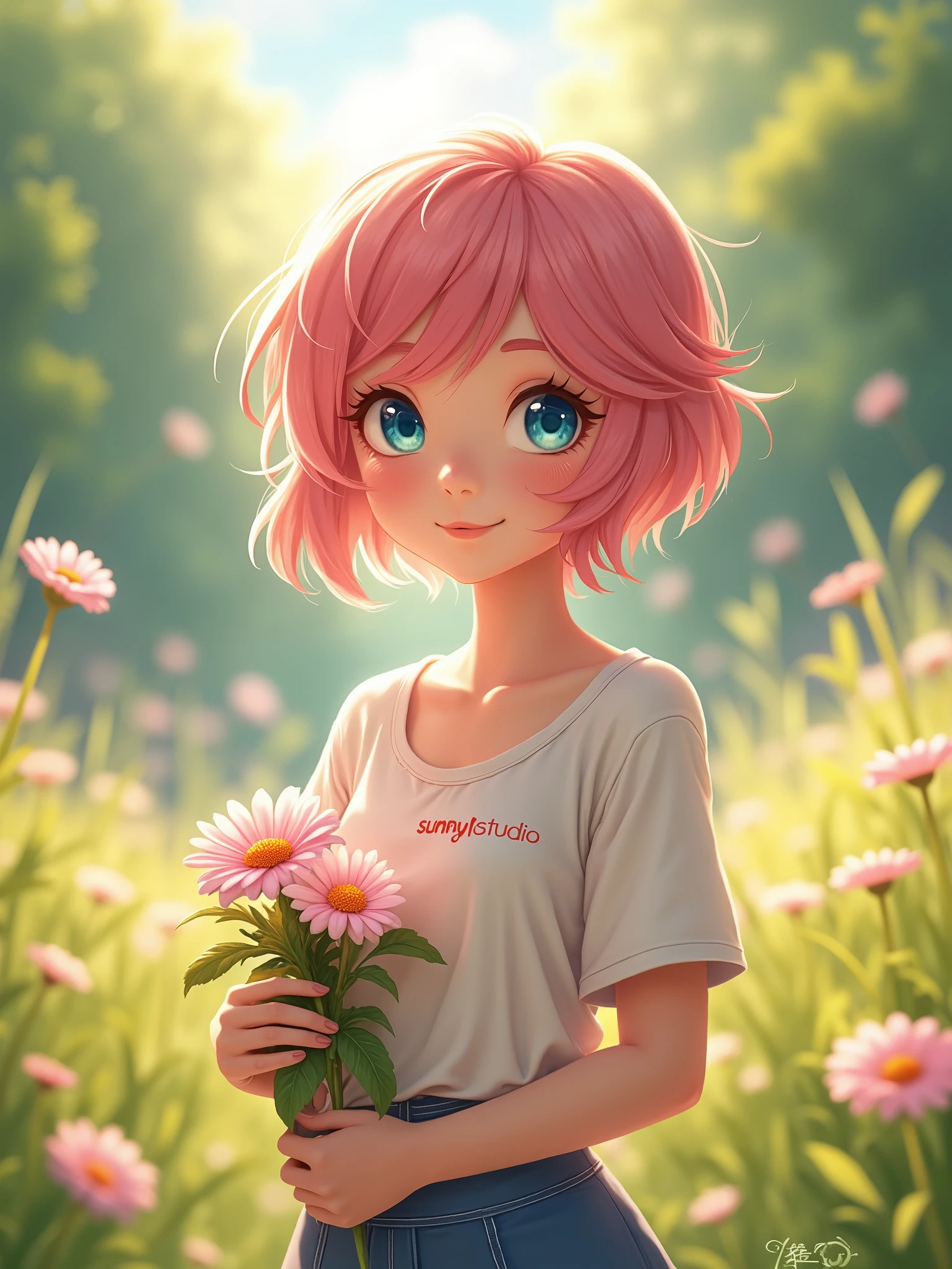 A 23 Year old female character, wearing a casual expensive shirt written sunny1studio, short pink hair, afternoon vision, blue eyes, fantasy, pretty face, cute face reaction, pretty shirt, holding pink pastel flowers