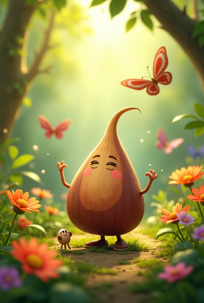 it is a seed named zoi. it is marroon and brown and caramel color. and has no gender. longed shape. it is a SEED it is a character adressed to kids