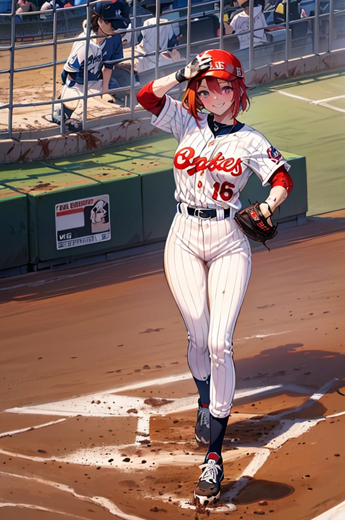 ((High Quality)), female baseball player, revealing outfit, no panties, no bra, redhead, black hat, black and white uniform, nipples, pussy, smiling,stadium, ((((Her body and baseball uniform are stained with mud.)))), ((half naked)), unbuttoned uniform, holding a baseball、16K