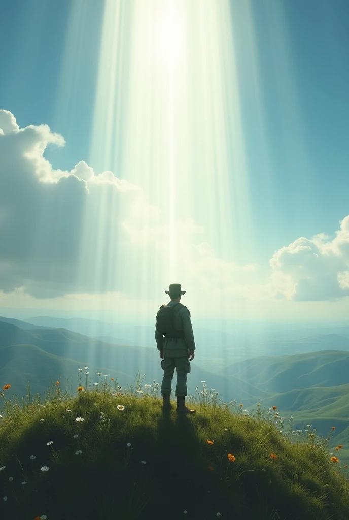 Create an image of a soldier on a hill with his back turned looking up at the sky with the light of God shining down upon him., he must be far away to have a broad view of the place