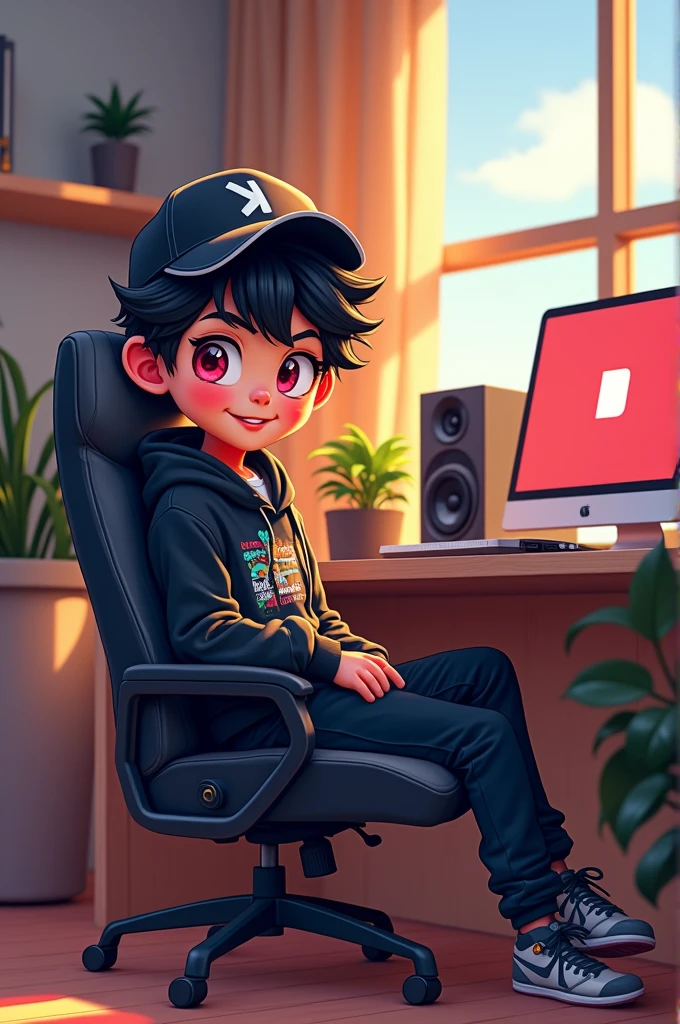1boy cartoon character, male_focus, hood, YouTube logo, black_hair, solo, hat, hoodie, looking_at_viewer, plant, red_eyes, computer, hood_down, black_hoodie, speaker, laptop, long_sleeves, indoors, sitting, baseball_cap, hair_between_eyes, backwards_hat, chair, clothes_writing, black_headwear, closed_mouth, upper_body, shirt, potted_plant, table, drawstring, bangs, desk