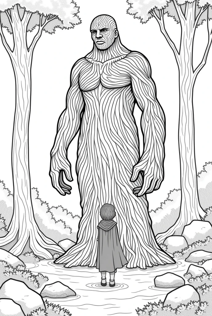 A black-and-white line drawing for children to color, depicting Verelia standing in a forest clearing before the Protector of the Earth. The Protector is shown as a grand figure made of intertwined stone and roots, with a face that resembles the bark of ancient trees and arms like tree trunks. Verelia, with her long, leaf-like hair and cloak made of delicate foliage, looks up with respect and determination. The background includes large rocks forming a circle, a bed of moss, and trees with visible roots. The illustration should feature clear, defined outlines with no shading, capturing the solid and nurturing presence of the Protector of the Earth while being easy and enjoyable for children to color. The scene should convey a sense of strength, stability, and connection to nature.