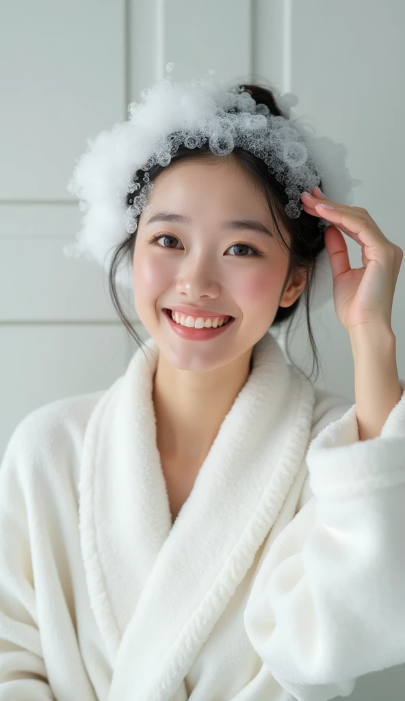 Create an Asian beauty，Beautiful beautiful big eyes，Regular facial features，Wearing a white satin bathrobe，Scratch your scalp with both hands，Two hands washing hair on top of head，There is a lot of real white foam and water on the hair，Foam wrap head，Real bubbles，Open your eyes，The expression is happy，The characters are realistic and realistic，Pure white bathroom background，Character front position，9:16 frames，Ultra-high-definition picture quality