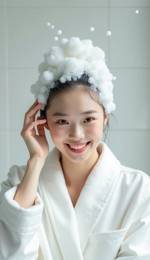 Create an Asian beauty,Beautiful beautiful big eyes,Regular facial features,Wearing a white satin bathrobe,Scratch your scalp with both hands,Two hands washing hair on top of head,There is a lot of real white foam and water on the hair,Foam wrap head,Real bubbles,Open your eyes,The expression is happy,The characters are realistic and realistic,Pure white bathroom background,Character front position,9:16 frames,Ultra-high-definition picture quality
