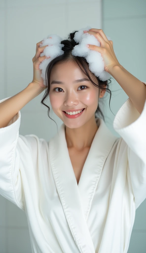 Create an Asian beauty,Beautiful beautiful big eyes,Regular facial features,Wearing a white satin bathrobe,Scratch your scalp with both hands,Two hands washing hair on top of head,There is a lot of real white foam and water on the hair,Foam wrap head,Real bubbles,Open your eyes,The expression is happy,The characters are realistic and realistic,Pure white bathroom background,Character front position,9:16 frames,Ultra-high-definition picture quality