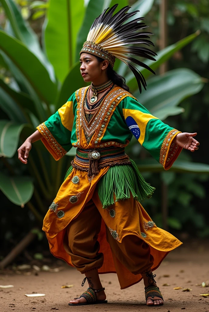 Create a dance costume for me that pays homage to the indigenous peoples of Tocantins. I need brown pants and a shirt in the colors of the Tocantins flag..