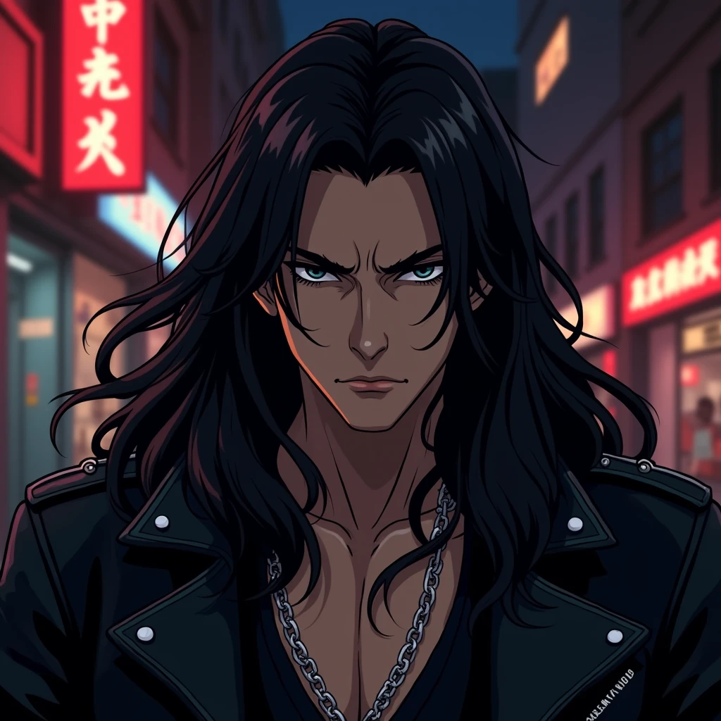 A mafia man, Long hair，Asian men, detailed face, anime style, focus on face