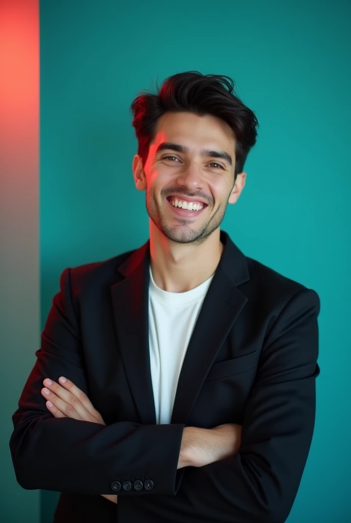A young man with dark hair and a confident smile. He is dressed in a black blazer over a white shirt. The man is positioned against aqua colour backdrop with a subtle red lighting on the left side. and he posing for Linkedin profile