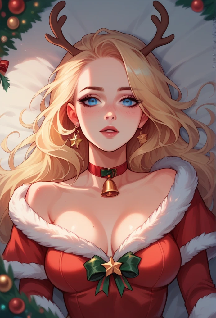 Realistic photo of a beautiful elegant lady, wearing a sexy grinch Christmas outfit, very sexy medium breasts, blue eyes, ultra-realistic blonde hair, Christmas atmosphere, anywhere, in any position