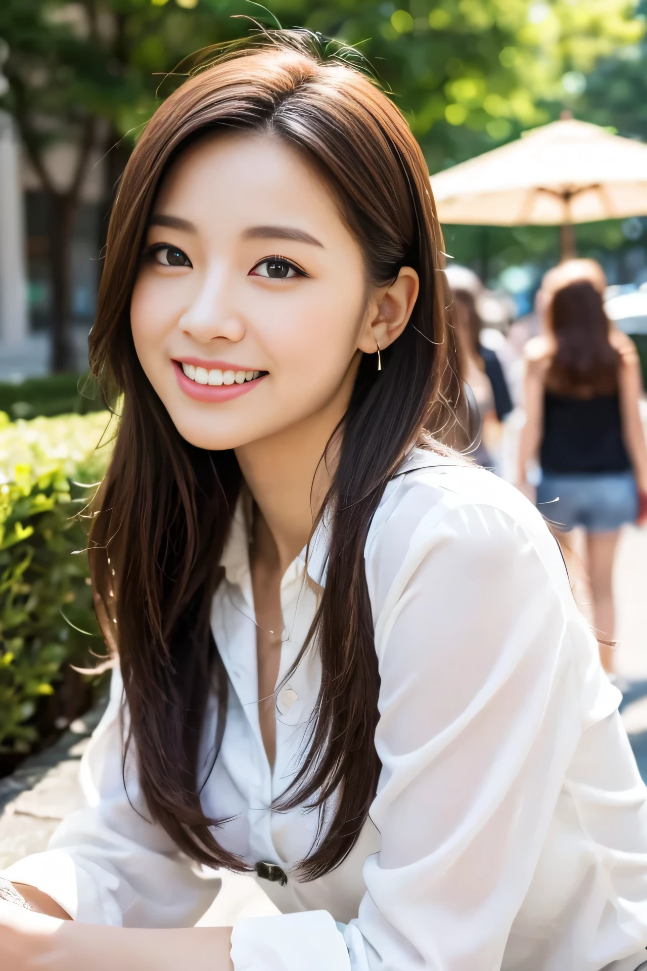 Tabletop, Highest quality, figure, Very detailed, In detail, High resolution, 8k wallpaper, Perfect dynamic composition, Beautiful attention to detail, White button-front blouse,Semi-long hair, Natural color lip, Random and natural poses,smile,Aoyama Street Walk、20-year-old woman