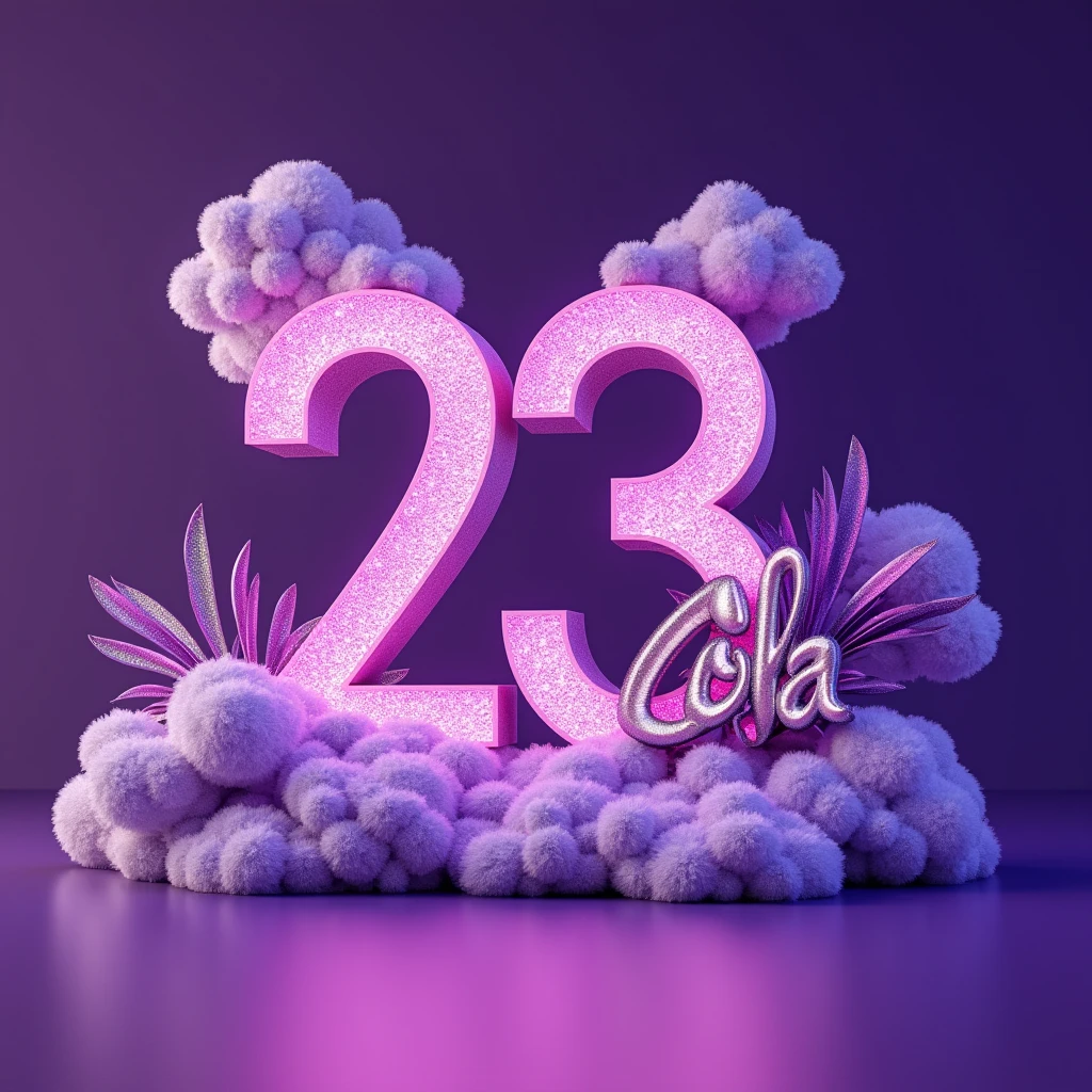Please create an image with the name “Paulo Cola” AND the number “23" AND the name "PIÚMA". Use purple as the main color theme.