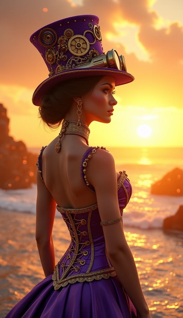 ((Best quality)), ((masterpiece)), (detailed:1.4), 3D, steampunk gal, intricate steampunk top hat, steampunk googles, purple corset, enormously detailed,HDR (High Dynamic Range),Ray Tracing,NVIDIA RTX,Super-Resolution,Unreal 5,Subsurface scattering,PBR Texturing,Post-processing,Anisotropic Filtering,Depth-of-field,Maximum clarity and sharpness,Multi-layered textures,Albedo and Specular maps,Surface shading,Accurate simulation of light-material interaction,Perfect proportions,Octane Render,Two-tone lighting,Wide aperture,Low ISO,White balance,Rule of thirds,8K RAW,Masterpiece, best quality, (8k very detailed CG unit wallpaper) (best quality), (best illustration), (best shading) a golden sea wave, bright orange aol sunset through the wave, golden water drops flying, (:1. 6),