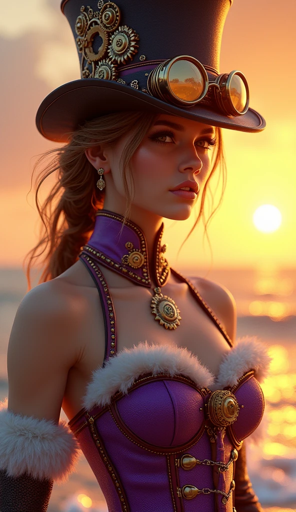 ((Best quality)), ((masterpiece)), (detailed:1.4), 3D, steampunk gal, intricate steampunk top hat, steampunk googles, purple corset, enormously detailed,HDR (High Dynamic Range),Ray Tracing,NVIDIA RTX,Super-Resolution,Unreal 5,Subsurface scattering,PBR Texturing,Post-processing,Anisotropic Filtering,Depth-of-field,Maximum clarity and sharpness,Multi-layered textures,Albedo and Specular maps,Surface shading,Accurate simulation of light-material interaction,Perfect proportions,Octane Render,Two-tone lighting,Wide aperture,Low ISO,White balance,Rule of thirds,8K RAW,Masterpiece, best quality, (8k very detailed CG unit wallpaper) (best quality), (best illustration), (best shading) a golden sea wave, bright orange aol sunset through the wave, golden water drops flying, (:1. 6),