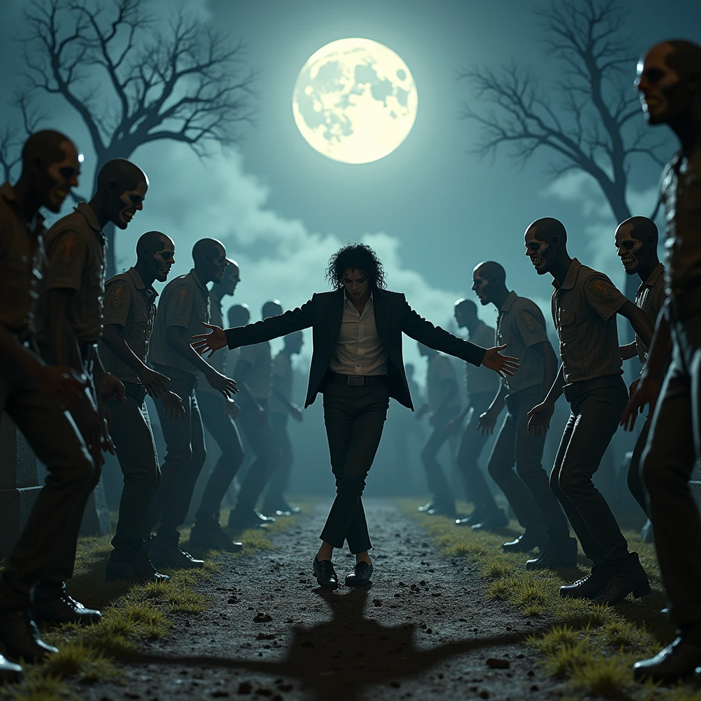 A thrilling scene from the iconic "Thriller" video, featuring Michael Jackson in his signature moonwalk, dancing in perfect harmony with a chilling ensemble of Walkin Dead characters. The undead, clad in tattered clothing and pale makeup, follow Michael's every move, creating a hauntingly captivating tableau against a moonlit graveyard backdrop. The atmosphere is tense yet electrifying, with the iconic music playing in the background, setting the stage for an unforgettable performance.