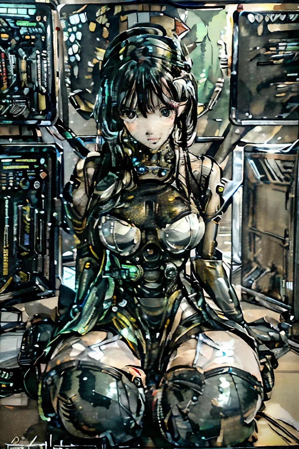 (best quality,4k,8k,highres,masterpiece:1.2),ultra-detailed,(realistic,photorealistic,photo-realistic:1.37),robot,robot sitting at computer,computer,desktop computer,colored powder background,black background,studio lighting,detailed machinery,futuristic,intricate details,metallic,shiny,chrome,reflective