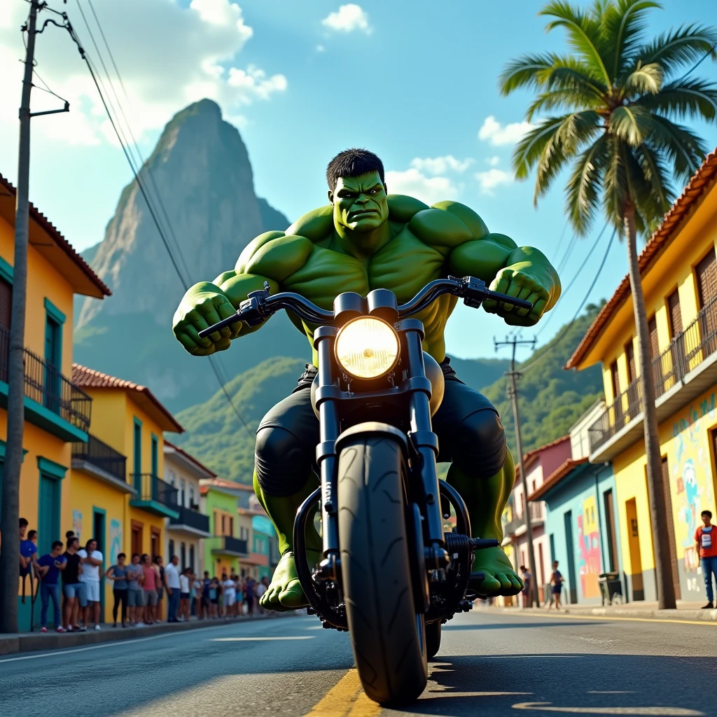 (photorealism:1.2),hulk riding a motorcycle in Rio de Janeiro
