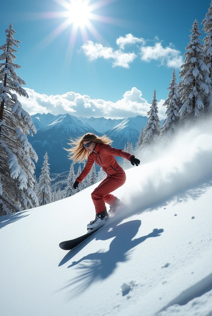 A naked woman snowboarding 