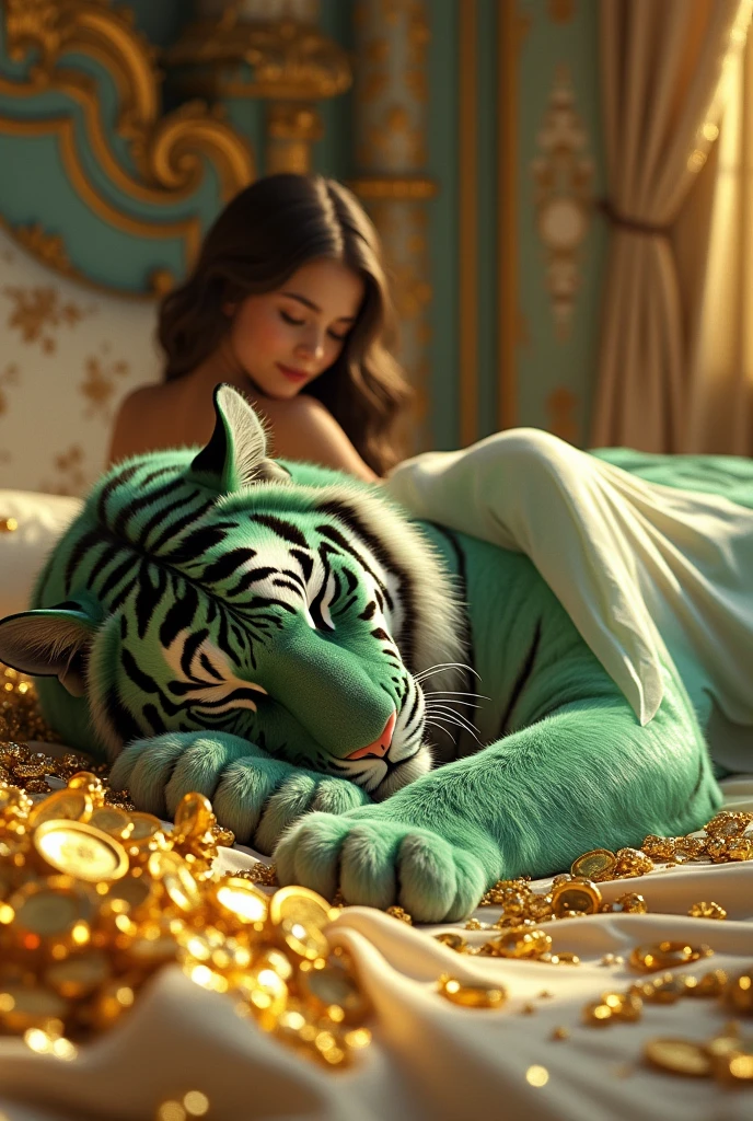 Green colored tiger happy with lots of golden and smiling rich and strong and very cute and have lots of gold with him and rich and smile cute. With teen girl beautiful realistic. Sleeping tiger in rich house white and golden and royal background 