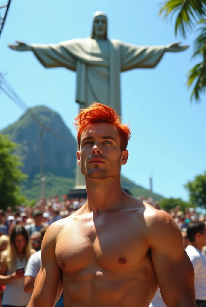 Red-haired man in front of Christ the Redeemer in Rio de Janeiro