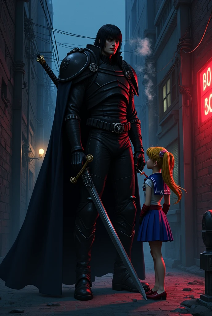 Berserk Gutz with Sailor moon, on a dark alley, smoking, 2D anime