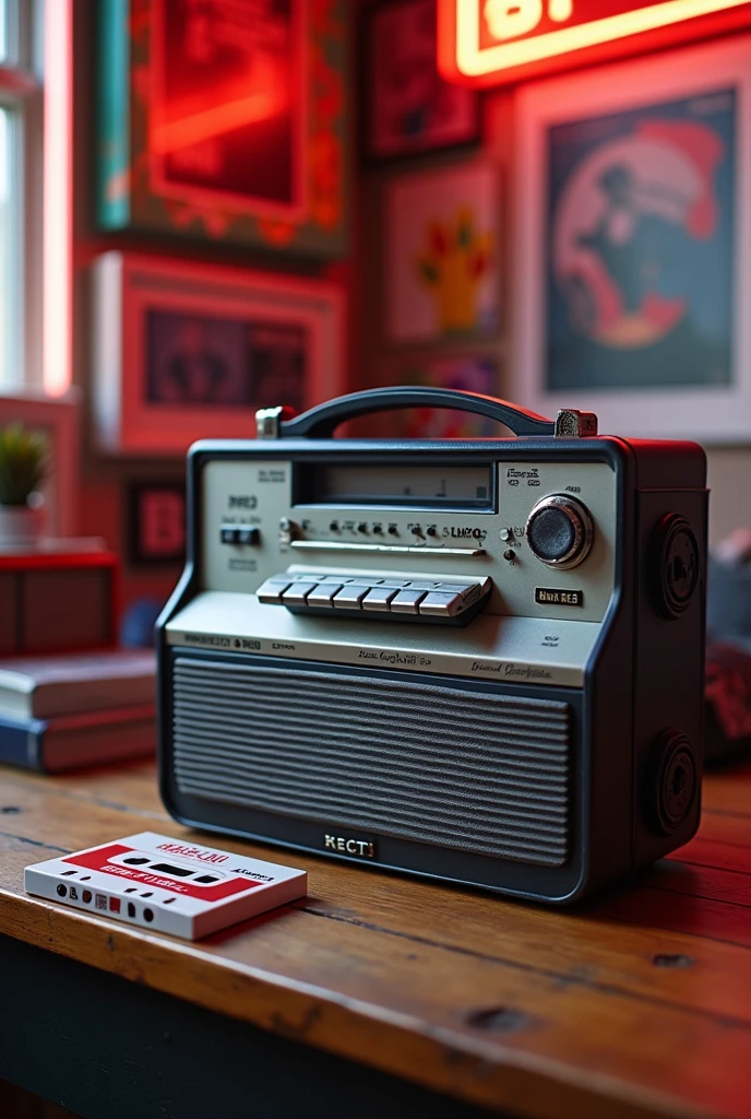 80s grey tape recorder, a cassette that says MAD RED as its title