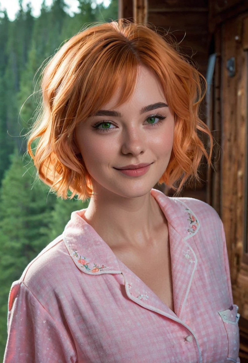 (Masterpiece), Best Quality, ultra-detailed, 1girl (Gwendolyn_Tennyson, beautiful face, breasts 1.6, orange hair, short hair, green eyes, half-closed eyes), detailed face,a face in love, smile, parted lips, nose blush, blush , facing viewer, looking at viewer, solo, pink pajama, forest, night time, dark lighting, in the mountain cabin, standing, sexy waist teasing, come-on, cowboy shots