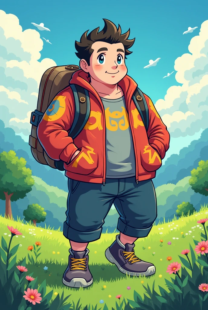 run, plump and stocky male, barba, ((8 bits, retro)), elegant, beautiful face, glow, pokemon trainer costume, adventure, field, Role playing game, fancy, dynamic, schoolbag, bulk